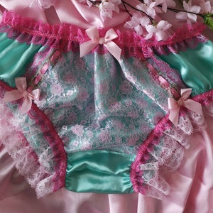 Aqua Satin Sissy Panties: Pink Lace Trim, Made to Order.