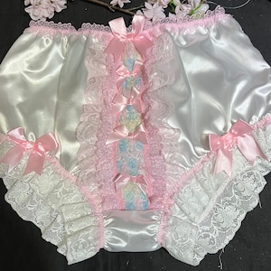 Bridal White Fuller Style Satin Knickers/Sensually Soft  Sissy Panties. Pink Bum Ruffles - Made to Order - Medium up to Extra Extra Large