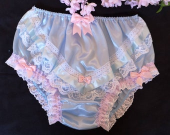 Baby Blue Fuller Fit Vintage Style Satin Panties-Frilly Sissy Knickers - #LaceRibbon&Bows - Made to Order - Medium to XXL