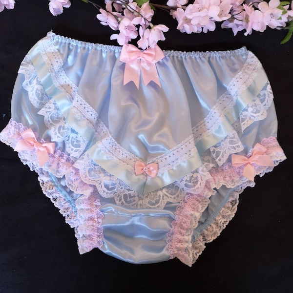 Baby Blue Fuller Fit Vintage Style Satin Panties-Frilly Sissy Knickers - #LaceRibbon&Bows - Made to Order - Medium to XXL