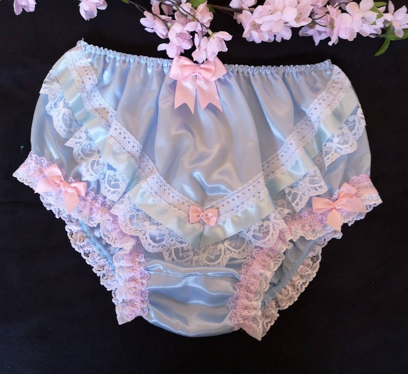 Baby Blue Fuller Fit Vintage Style Satin Panties-Frilly Sissy Knickers - #LaceRibbon&Bows - Made to Order - Medium to XXL 