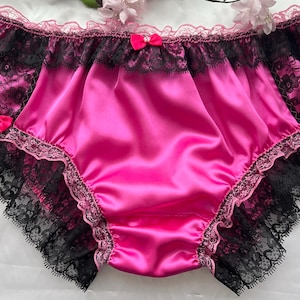 EXTRA LARGE - Hot Pink/Black Trim Satin Sissy Panties- Girly Bikini Knickers - Measurements in Item Description.