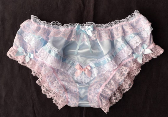 Baby Blue With Pink Trim Sensual Satin Bikini Panties/sissy Knickers Lots  of Lace and Frills Made to Order Medium up to XXL 