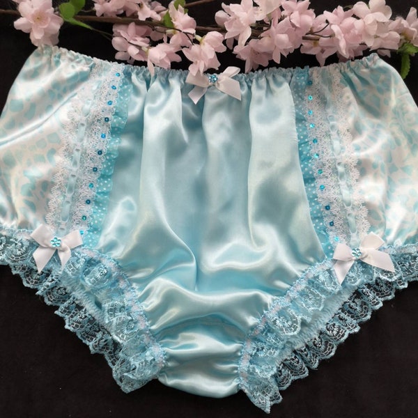 Baby Blue Full Satin Panties - Printed Side Detail Sissy Knickers - Sparkly Trim - Made to Order - Medium up to Extra Extra Large