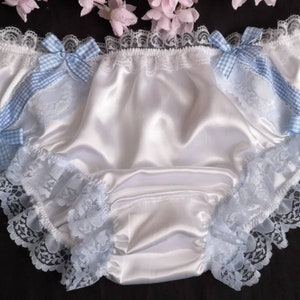 Handmade White Satin Sissy Panties: Gingham & Lace Trim.