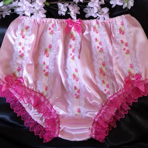 Baby Pink Fuller Fit Panties - Slippery Soft Sissy Knickers - Lace and Flower Ribbon Detail - Made to Order - Medium up to Extra Extra Large