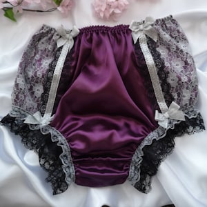 Aubergine Satin Panties: Vintage Style with Silver Lace & Ribbon