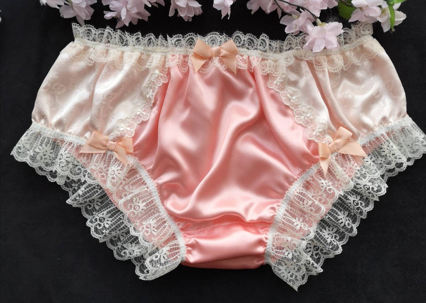Buy Peach Satin Bikini Panties/silky Satin Sissy Knickers. Patterned Satin  Sides. Made to Order. Medium up to Extra Extra Large. Online in India 