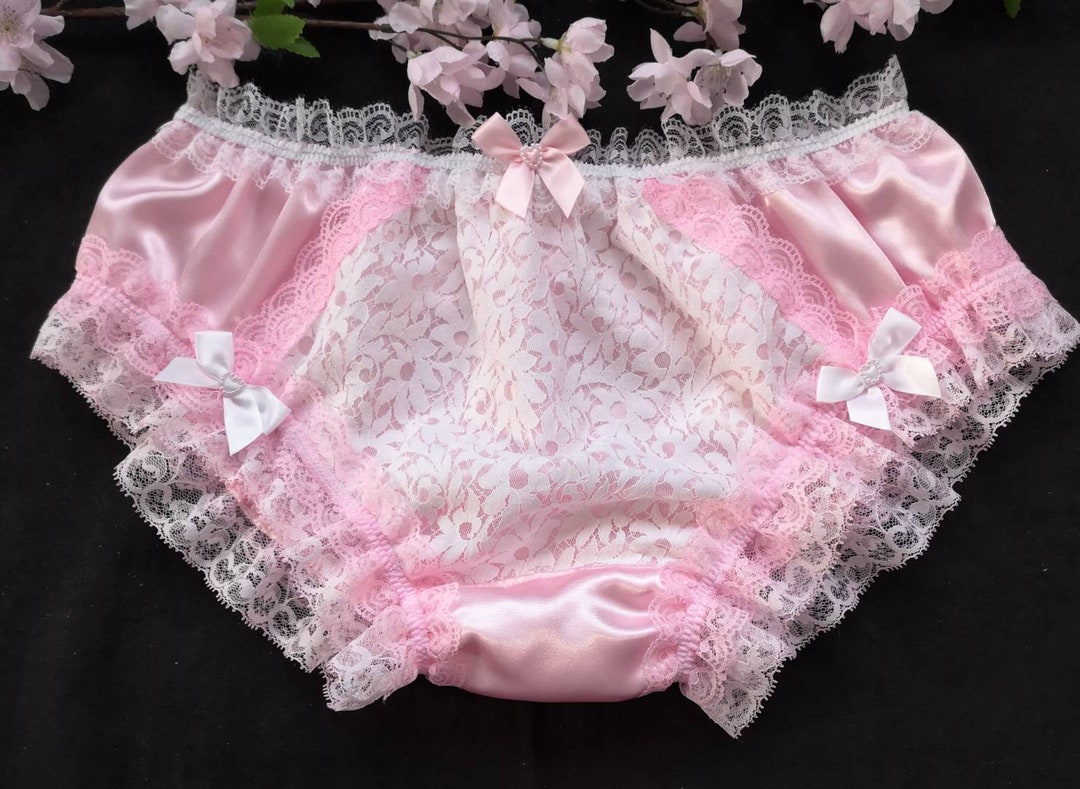 Baby Pink Satin Bikini Style Panties/sissy Knickers With White Lace ...