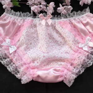 Baby Pink Satin Bikini Style Panties/Sissy Knickers with White Lace Front Panel - Hand Made to Order - Medium up to Extra Extra Large