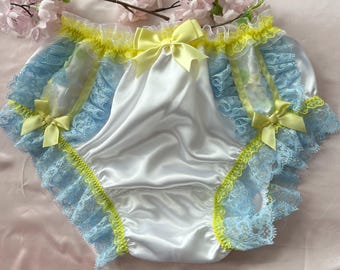 MEDIUM- Bridal White Bikini Fit,  Slippery Hi Gloss Satin Panties -  Frilly Front Detailing. Measurements in Item Description.