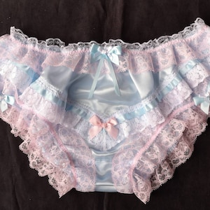 Baby Blue Satin/Pink Lace Trim Bikini Style Satin Sissy Knickers/Panties - Made to Order - Medium up to XXL
