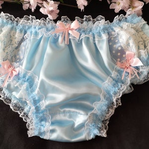 Baby Blue Bikini Panties - Soft Satin Sissy Knickers - #PearlsRibbonLaceBows - Made to Order - Medium up to Extra Extra Large