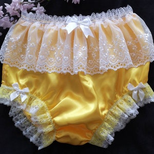 Bright Yellow High Waisted Satin Fuller Fit Panties - Tulle Lace Skirted Sissy Knickers - Made to Order - Medium up to Extra Extra Large