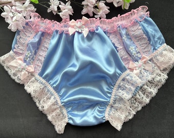 Baby Blue Satin Panties. Bikini Style Silky Soft Sissy Knickers. Daisy Detail. Made to Order. Medium up to Extra Extra Large.