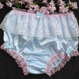 Baby Blue High Waisted Satin Fuller Fit Panties - Tulle Lace Skirted Sissy Knickers - Made to Order - Medium up to Extra Extra Large