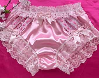 Baby Pink Bikini Panties - Frilly Sissy Knickers - Slippery Smooth Satin #RibbonLaceBows - Made to Order - Medium up to XXL