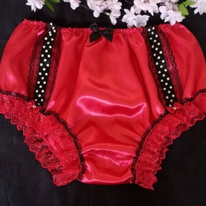 Foxy Red Fuller Fit Panties/Sensual Satin Sissy Knickers - Polka Dot Ribbon Detail - Made to Order - Medium up to Extra Extra Large