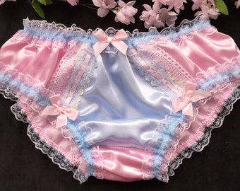 Baby Pink with Pale Blue Front Panel Bikini Style Sissy Panties/Girly Knickers - Made to Order - Medium up to Extra Extra Large