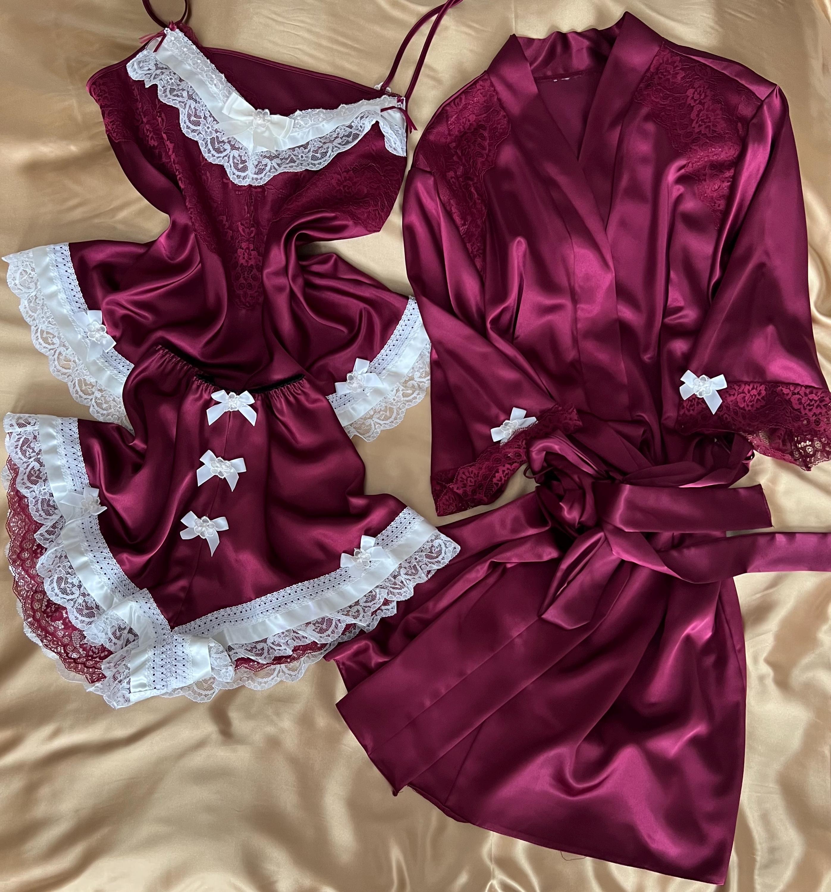 LARGE. Burgendy Satin Three Piece Set of French Knickers with Matching Camisole and Wrap Over Gown. Measurements in Item Description.