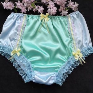 Baby Blue Fuller Fit Panties/Aqua Satin Panel to Front - Sensually Soft Sissy Knickers - Made to Order - Medium up to Extra Extra Large