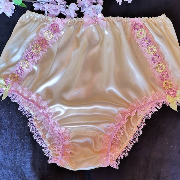 Pale Lemon Satin Full Fit Panties/Silky Soft Sissy Knickers - Daisy Chain Side Detail - Made to Order - Medium up to Extra Extra Large