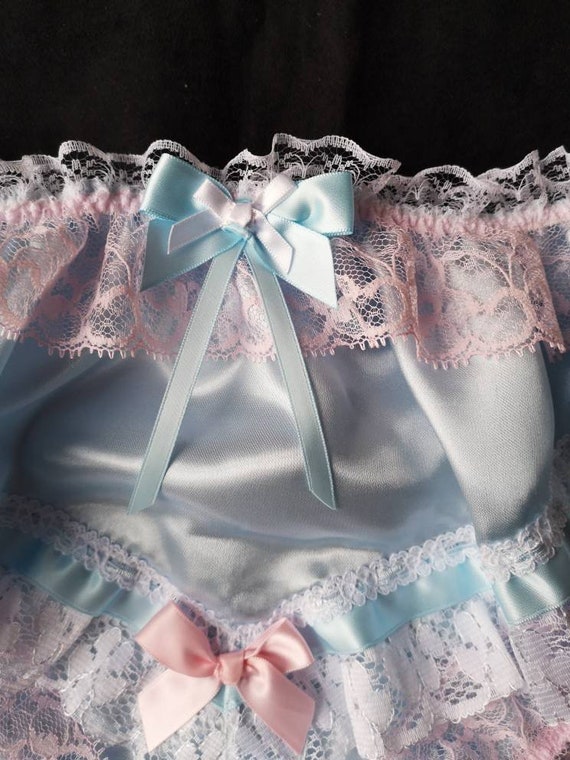 Baby Blue With Pink Trim Sensual Satin Bikini Panties/sissy Knickers Lots  of Lace and Frills Made to Order Medium up to XXL 