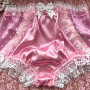 Baby Pink Full Fit Satin Panties/Feminine Sissy Knickers - #PolkaDot and Chiffon Detail - Made To Order - Medium to XXL