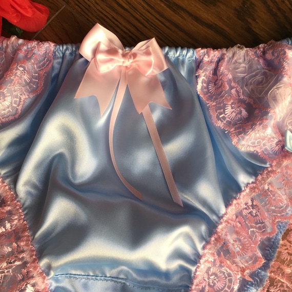 Baby Blue Satin Panties/feminine Bikini Knickers Roses & Lace SMALL XXL 