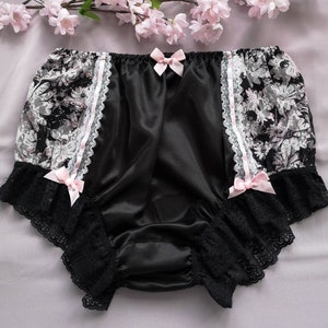 LARGE -Foxy Black Vintage Style Full Fit Panties/Soft Satin Sissy Knickers - Flower  Lace Sides - Measurements in Item Description.