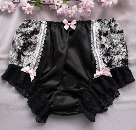 Satini Black Pink Satin Floral Frilly Lace Sissy Bikini Knickers – Women's Sizes 10-20 - View #3