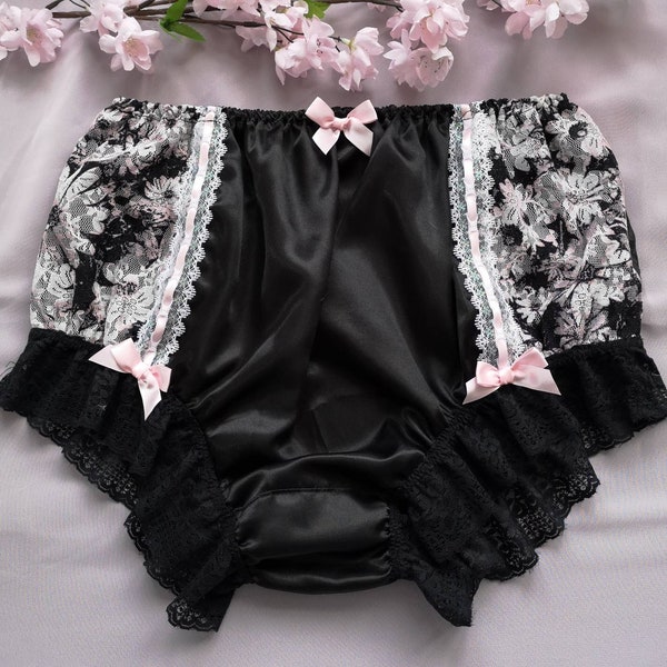 Foxy Black Vintage Style Full Fit Panties/Soft Satin Sissy Knickers - Flowe Lace Sides - Made to Order - Medium up to Extra Extra Large