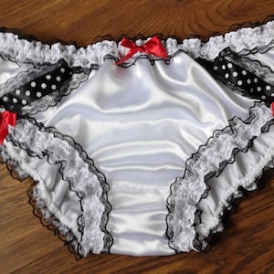Bridal White Bikini Panties with Black and White Polkadot Ribbon Trim - Made to Order .