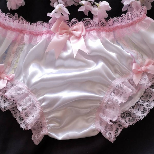 Bridal White Satin Bikini Panties - Ribbon Lace & Bows. Made to Order - Medium up to Extra Extra Large