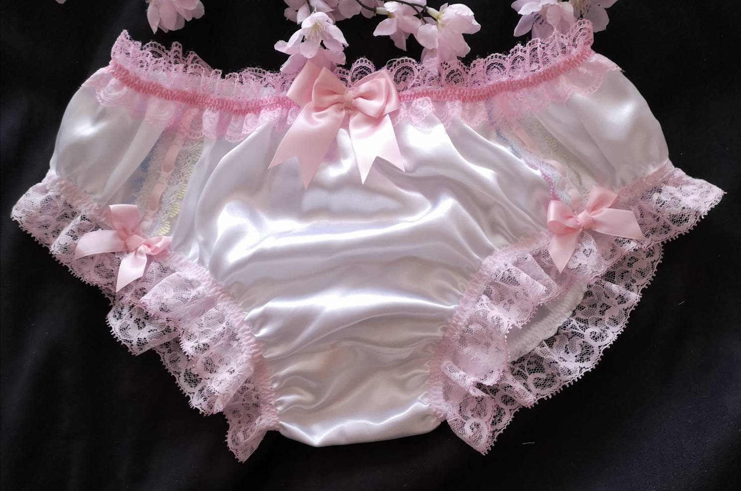 Bridal White Satin Bikini Panties - Ribbon Lace & Bows. Made to Order - Medium up to Extra Extra Large