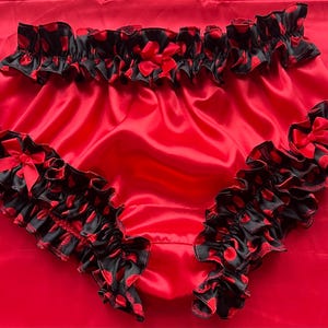 Red Satin Bikini Pantys with PolkaDot Ruffled Waist and Legs.Made to Order. Medium to Extra Extra Large.