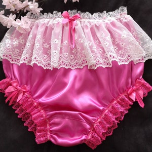 Hot Pink High Waisted Satin Fuller Fit Panties - Tulle Lace Skirted Sissy Knickers - Made to Order - Medium up to Extra Extra Large