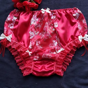 Crimson Red Satin Sissy Panties - Chinese Style Flower Tulle Lace Trim - High Waisted Knickers - Made To Order - Medium up to XXL