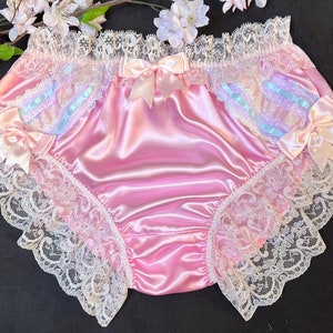 Baby Pink Bikini Panties - Frilly Sissy Knickers - Slippery Smooth Satin #RibbonLaceBows - Made to Order - Medium up to XXL