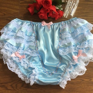 Baby Blue Satin Panties - Back Frills - High Waisted Knickers - MEDIUM - XXL