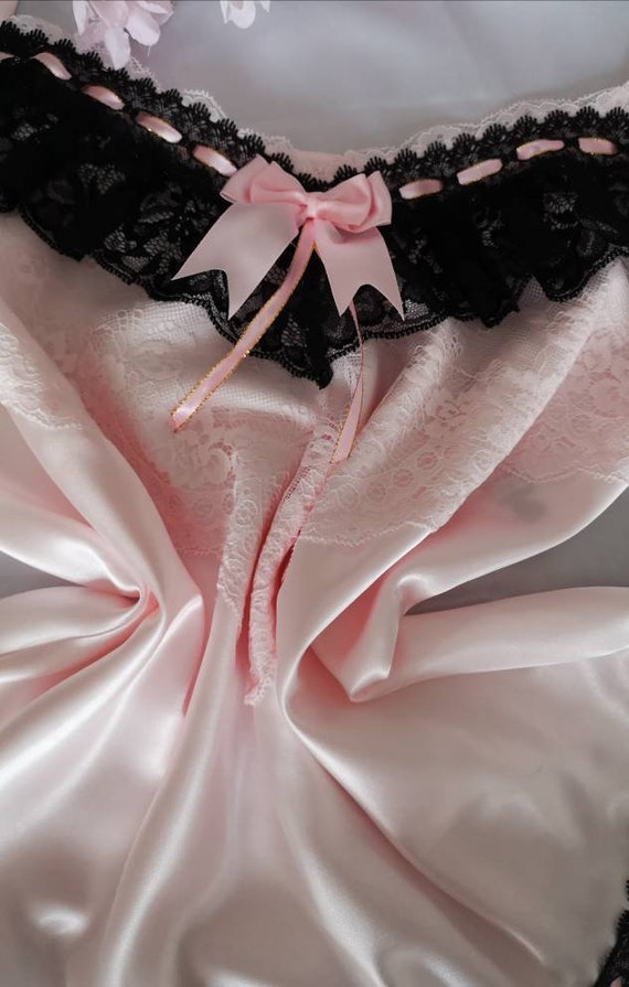 Baby Pink Satin Two Peice ADULT Baby Doll SET Black Lace and Pink Ribbon Trim. Made to Order Medium up to Extra Extra Large Etsy UK