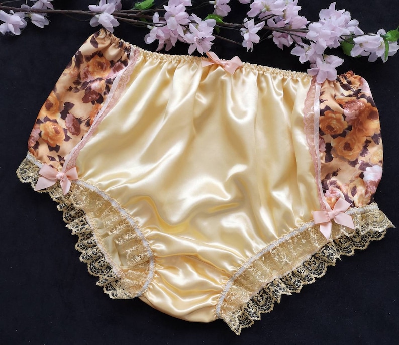 Sunkissed Yellow Satin Full Panties Vintage Rose Printed Etsy UK