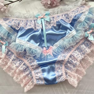 Baby Blue Satin/Pink Lace Trim Bikini Style Satin Sissy Knickers/Panties. Medium to Extra Extra Large.