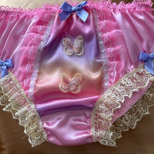 MEDIUM. Baby Pink Sissy Knickers/Bikini Panties - Sparkly Front Lace and Sequins. Butterfly Motifs. Measurements in Item Description.