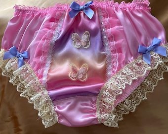 MEDIUM. Baby Pink Sissy Knickers/Bikini Panties - Sparkly Front Lace and Sequins. Butterfly Motifs. Measurements in Item Description.