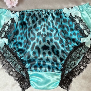 Cyan Blue Bikini Panties with Animal Print Front Panel - Sensual Satin Sissy Knickers - Made to Order - Medium up to Extra Extra Large