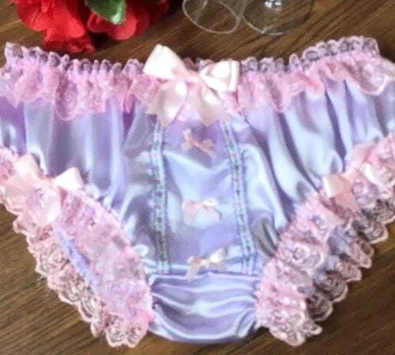White Pink Satin Floral Frilly Lace Sissy Bikini Knickers Panties Size