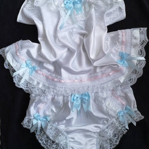 Bridal White Satin Two Peice ADULT Baby Doll Sissy Set - Pink and Blue Trim - Made to Order - Medium up to Extra Extra Large