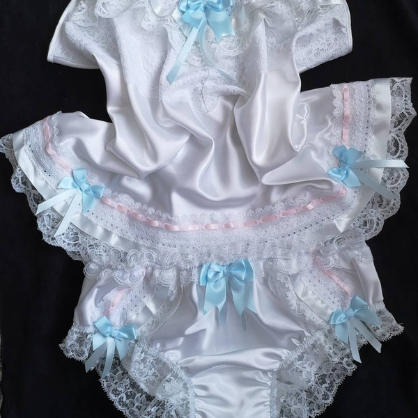 Bridal White Satin Two Peice ADULT Baby Doll Sissy Set - Pink and Blue Trim - Made to Order - Medium up to Extra Extra Large