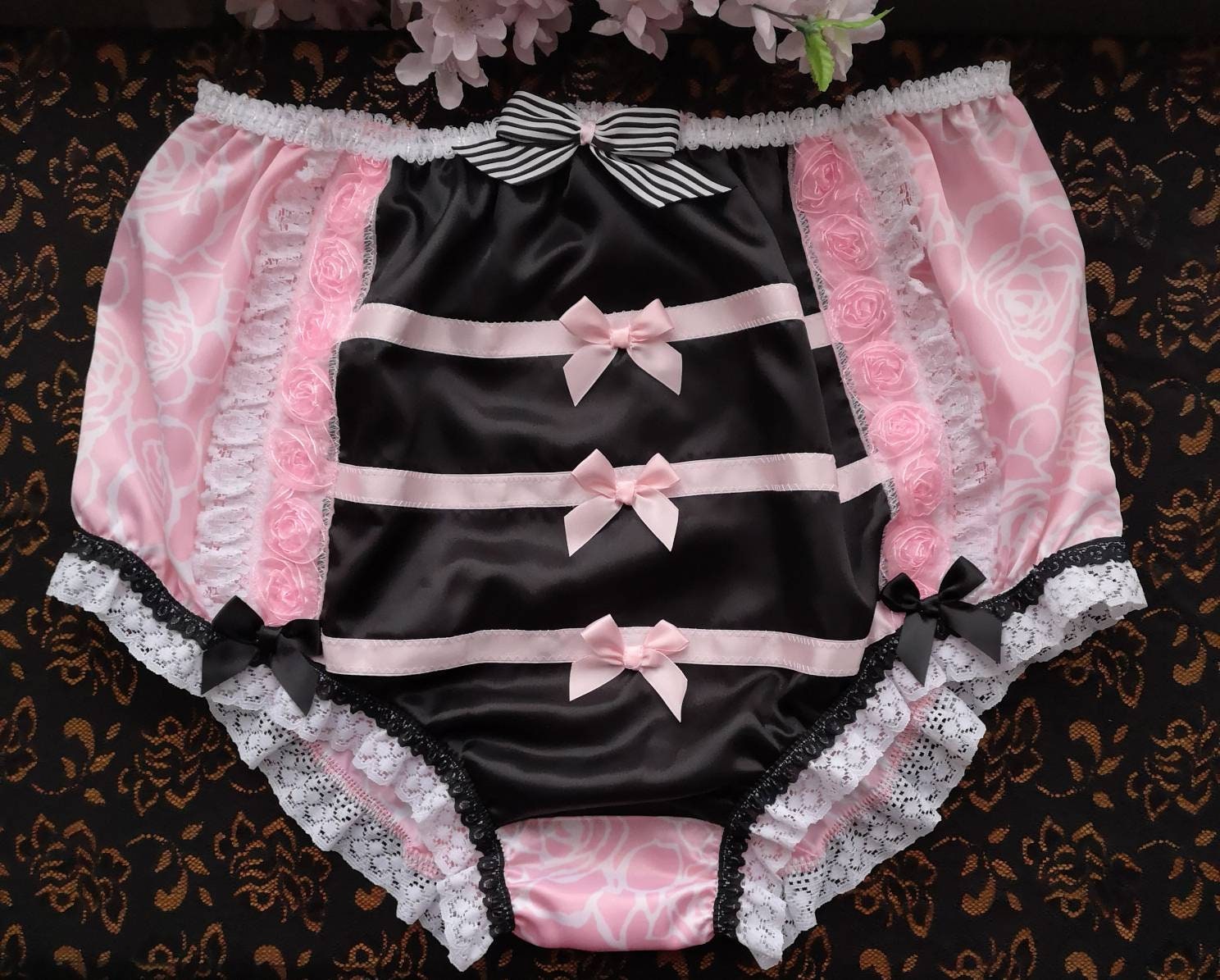 Rose Pink Printed Full Fit Silky Satin Sissy Panties contrast Front Panel.  Made to Order. Medium up to Extra Extra Large. 